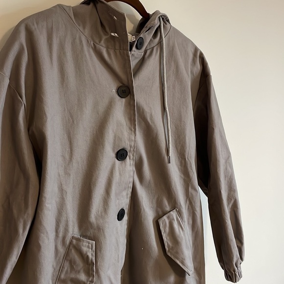 Minimalist Trench Coat Utility Hood Jacket Gray Med Urban Street Modern Casual - Picture 2 of 10